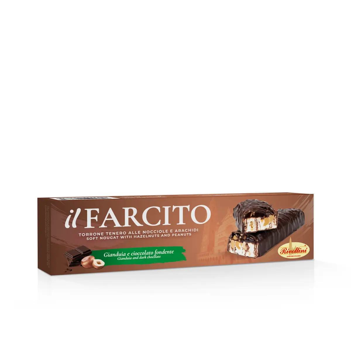Rivoltini, packaging Il farcito, torrone tenero ripieno alla gianduia e ricoperto di cioccolato fondente